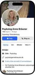 Psykolog Anne Bräuners Facebook-side vist på en telefon